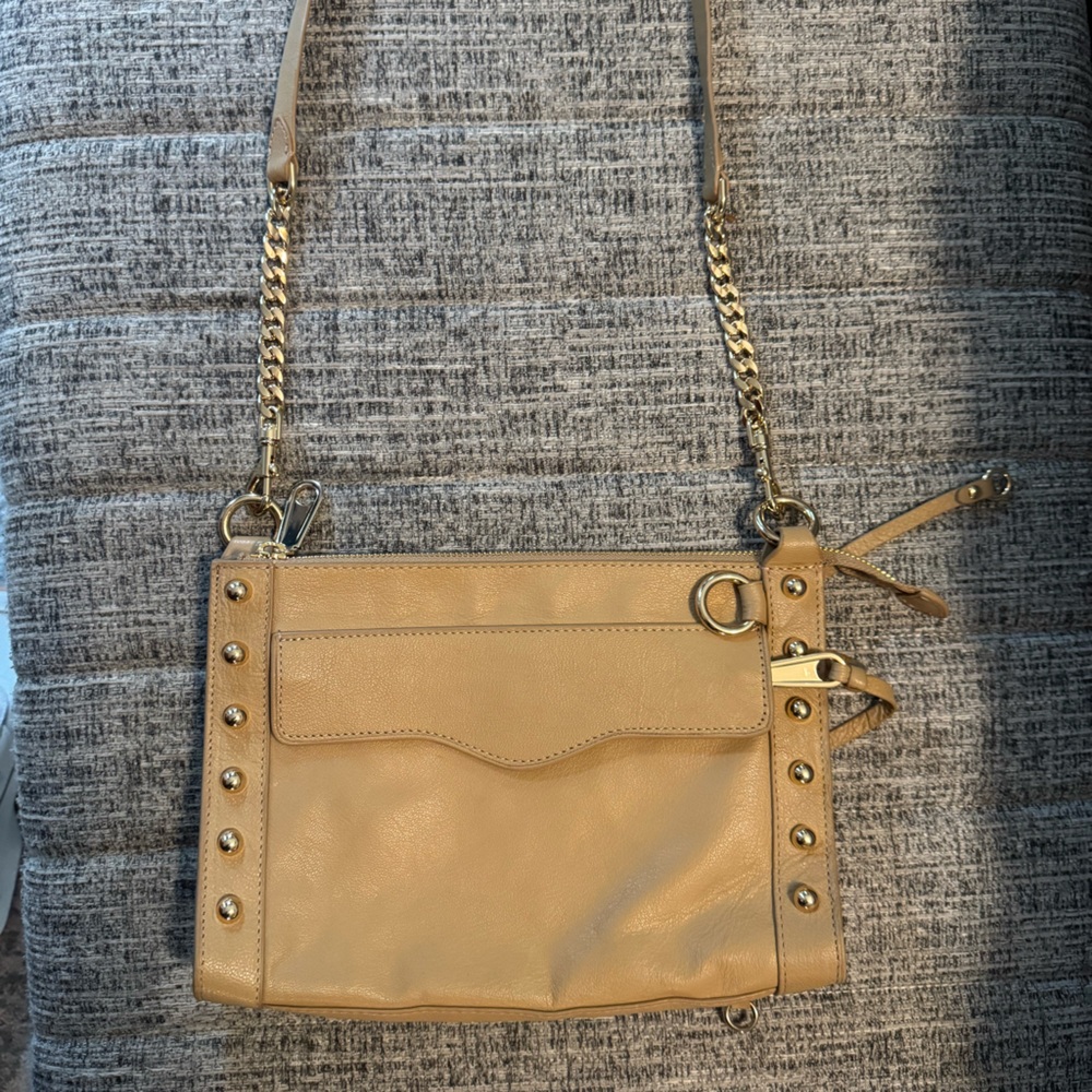 Rebecca Minkoff Nude Beige Tan Leather Gold Stud Chain Crossbody